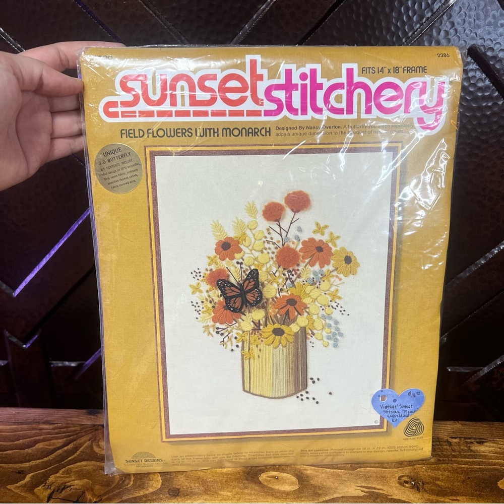 Vintage Sunset Stitchery Field Flowers with Monarch Kit, Fits 14” x 18” Frame